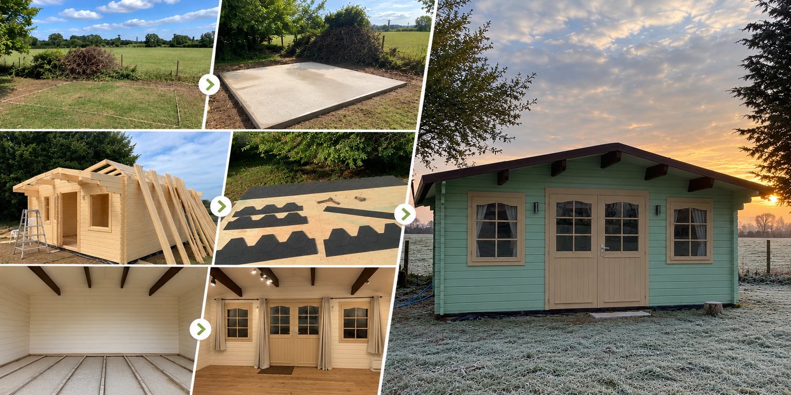 Six photos of a garden cabin going up: the marked-out ground, a concrete base, the timber frame, roof felt tiles on the roof boards, the empty interior and the finished green cabin at sunrise