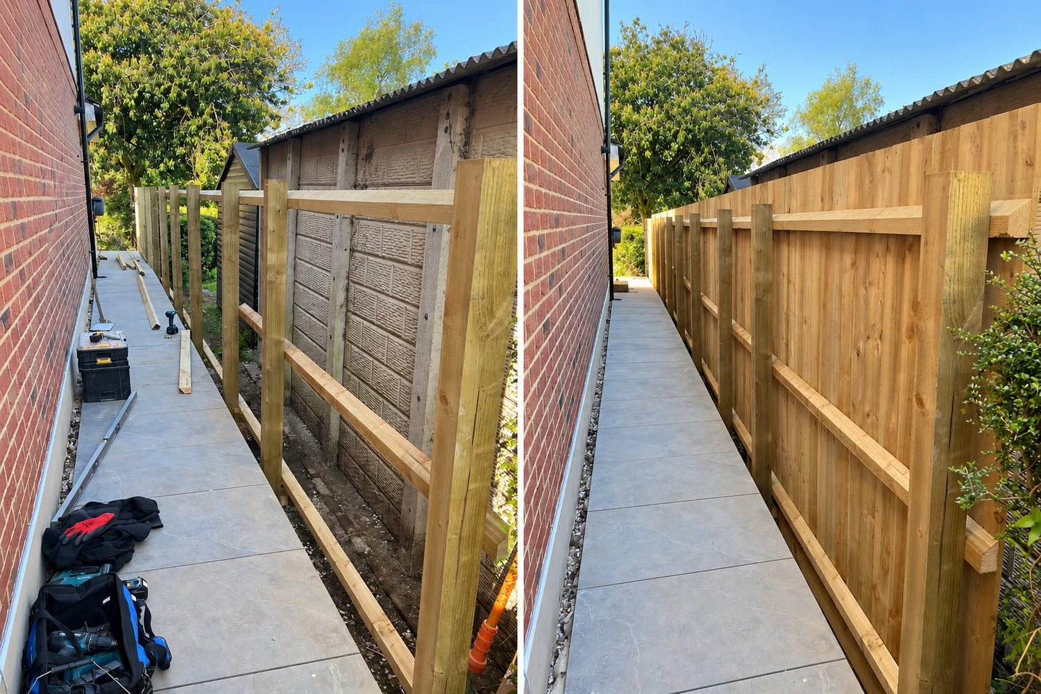Before and after photos of new feather edge fencing along a side passage: bare posts and rails on the left, the finished tall wooden fence on the right