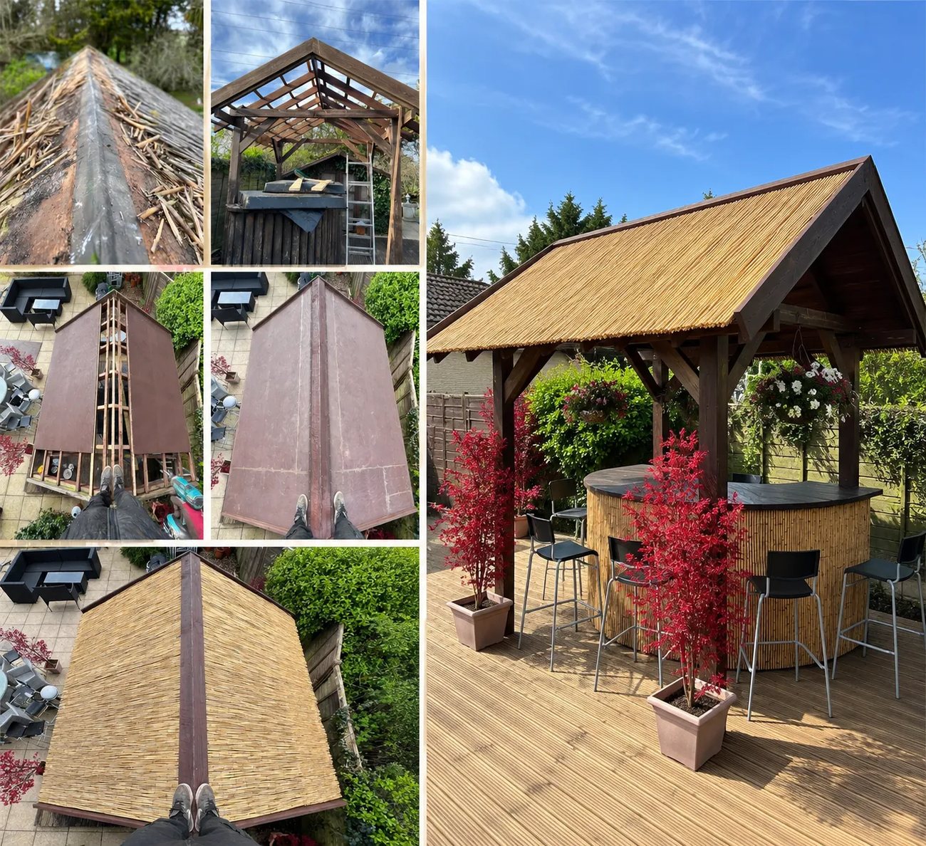 Before and after photos of a garden bar: the old roof stripped, the new roof structure, and the finished bar with a new reed-style roof